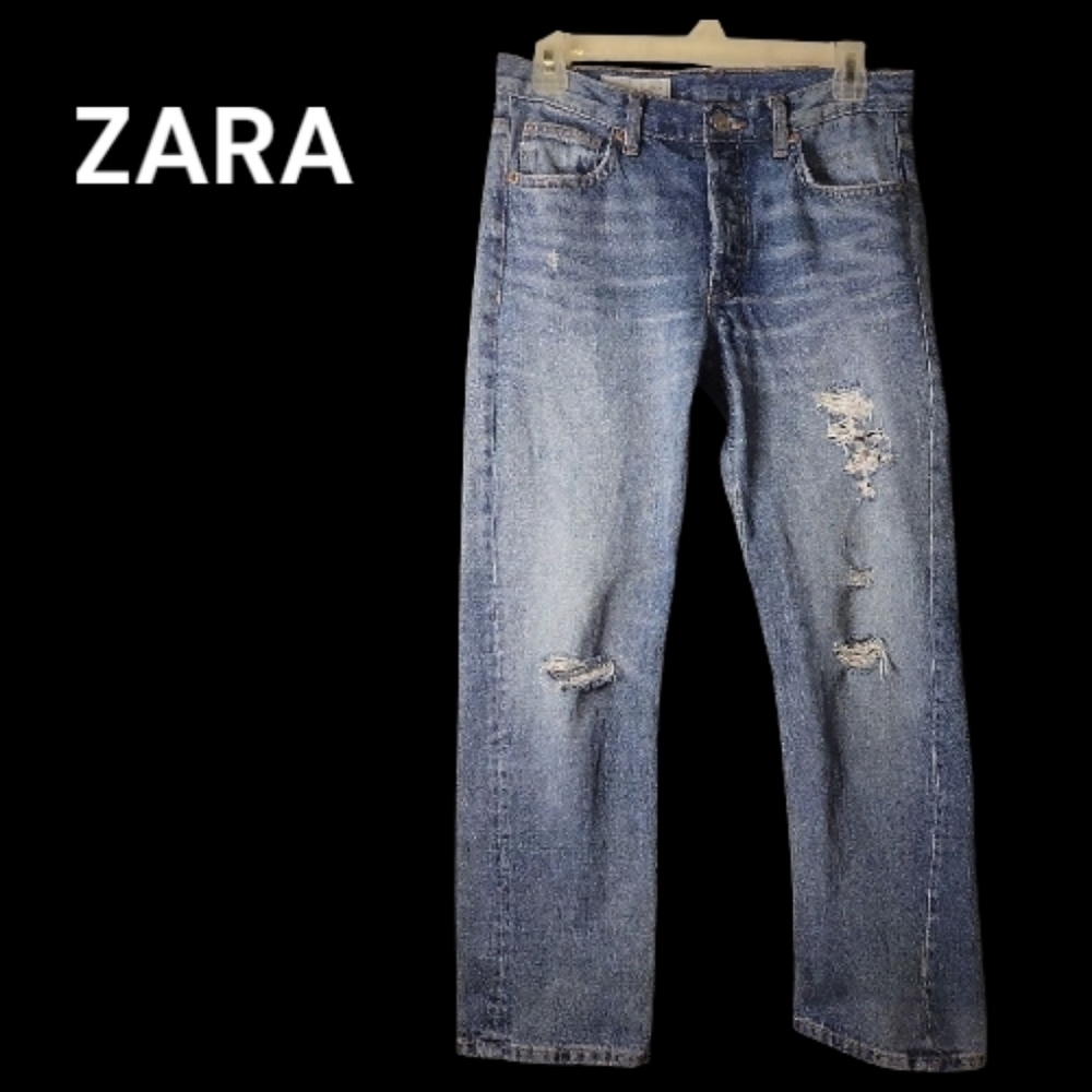 ZARA Mid-Rise Distressed Jeans, Straight Leg, 2, Blue, VGUC